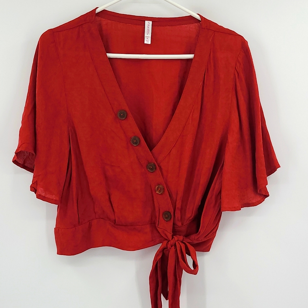 Xhileration XL Burnt orange brown cross button tie front cropped top bell sleeve